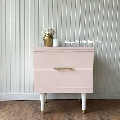 Blush Pink MCM Nightstand Pink Nightstand, Woman's Bedroom, Side Table Painted, Pink Nightstands, Pink Mid Century Modern, Mid Century Modern Side Table, Pink Mid Century, Light Blush Pink, Laundry Room Doors