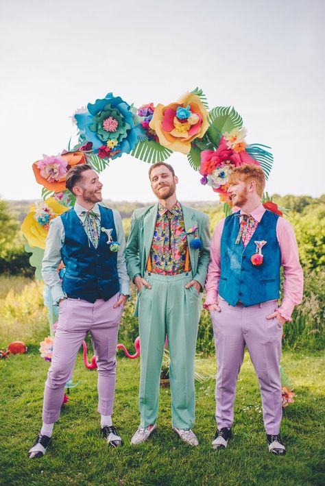 Colorful Urban Wedding, Rainbow Wedding Groomsmen, White Wedding Dress With Colored Accents, Quirky Wedding Guest Outfits, Colorful Groom Attire, Eclectic Bridal Party, Funky Wedding Flowers, Colorful Wedding Outfit, Colorful Groom Suit