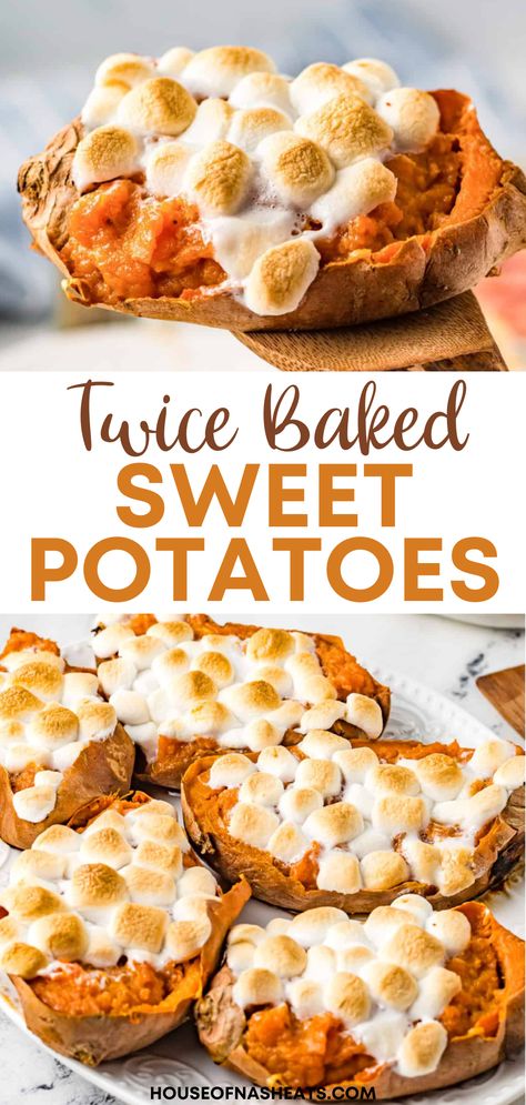 Rather than making an entire sweet potato casserole this year, why not try a fun presentation with these easy Twice Baked Sweet Potatoes! Topped with toasted marshmallows and filled with creamy, buttery yams, these are perfect for your Thanksgiving, Christmas, or Easter dinner, or any night when you are craving a delicious and unique side! | twice baked sweet potatoes thanksgiving | twice baked sweet potato recipes | twice baked sweet potatoes with marshmallows Sweet Potato Twice Baked, Twice Baked Yams Sweet Potato Recipes, Yam With Marshmallows Recipe, Baked Sweet Potato With Marshmallows, Twice Baked Sweet Potato Recipes, Baked Sweet Potatoes With Marshmallows, Baked Mashed Sweet Potatoes, Sweet Potatoes Thanksgiving, Baked Sweet Potato Recipes