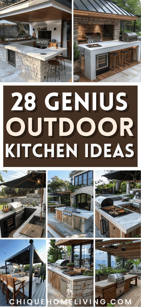 Are you on the hunt for outdoor kitchen ideas that are both practical and aesthetically pleasing? If so, check out these curated ideas to create your perfect al fresco cooking space in your backyard! Outdoor Galley Kitchen Ideas, Outdoor Kitchen On Patio, Outdoor Patio Ideas With Kitchen, Outdoor Kitchen On Deck Ideas, Outdoor Kitchen Pergola Ideas, How To Build Outdoor Kitchen, Traeger Outdoor Kitchen Ideas, Amazing Outdoor Kitchen, Outdoor Kitchen Layout Ideas