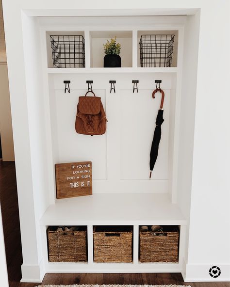 Mini Drop Zone, Drop Zone Ideas Entryway Modern, Narrow Drop Zone, Drop Off Zone Entryway, Drop Station Entryway, Backpack Station At Home, Laundry Drop Zone, Mudroom Dropzone, Built In Drop Zone