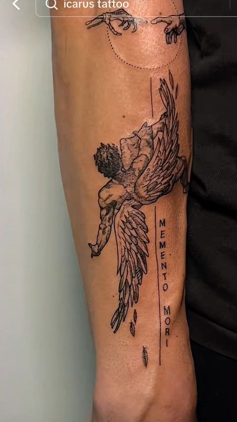 Never Ride Faster Than Your Angel Tattoo, Icarus Shoulder Tattoo, Angel Tattoo Men Shoulder, Falling Angles Tattoos, Icarus Tattoo Sleeve, Angel Arm Tattoo For Women, Icarus Arm Tattoo, First Men’s Tattoos, Four Arms Tattoo For Men