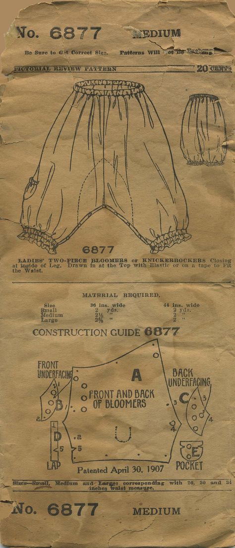 Antique / Vintage Sewing Pattern | Ladies' Bloomers or Knickerbockers | Pictorial Review 6877 | Year 19?? (post April 30, 1907) | Size Medium | Waist 30 | Hip n/a Plus Size Bloomers Pattern, Bloomers Pattern Womens, Bloomers Sewing Pattern, Bloomer Pattern, Vintage Bloomers, Bloomers Pattern, Historical Patterns, Free Pdf Sewing Patterns, Womens Clothing Patterns