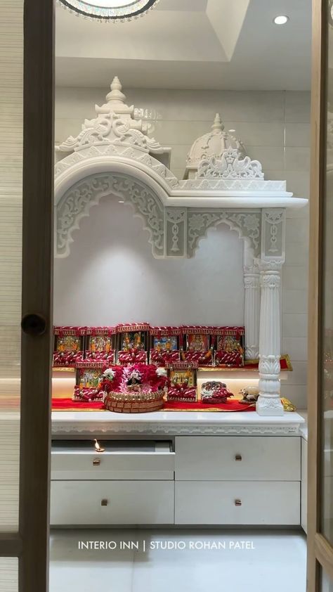 NEHA AGARWAL | As an Interior Designer, we like to design - A Mandir that can be called as a sanctuary for the soul. Follow us for more amazing… | Instagram Stone Mandir Design For Home, Columns Decor, Mandir Design, Earrings Diy Handmade, Pooja Mandir, Temple Design For Home, Model Cars Collection, Goddess Decor, Puja Room