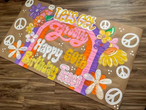 Lovin this groovy banner!🌟🦋🪩💗 #banner #banners #groovy #flowers #bannerevent #event #bday #brownpaperbanner Two Groovy High Chair Banner, Groovy One Highchair Banner, 21st Banner Painted, Groovy Party Signs, Groovy Birthday Banner, Groovy Banner, Groovy Birthday Signs, Kraft Paper Banner, 70th Birthday Banner