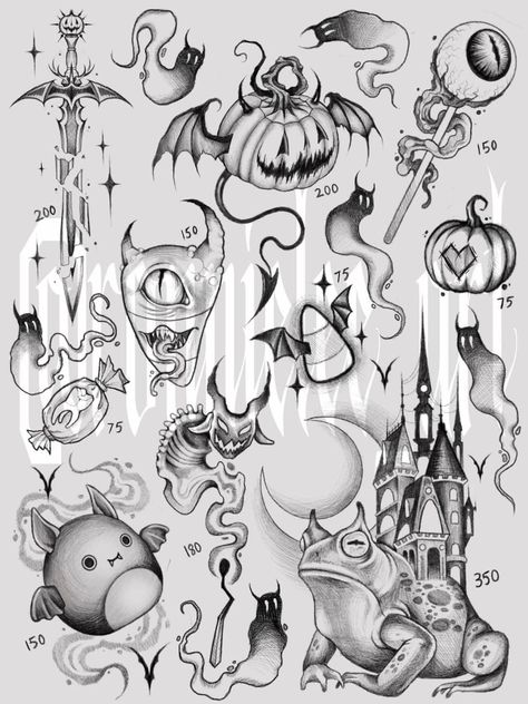 Friday 13th Flash Sheet, Christmas Tattoo Flash, Eerie Tattoos, Halloween Flash Tattoo, Halloween Tattoo Flash, Black Line Tattoo, Halloween Flash, Flash Sheets, Party Tattoos