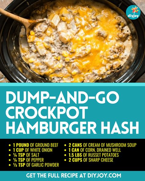 Easy Dump-and-Go Crockpot Hamburger Hash Recipe Frozen Hamburger Crockpot Recipes, Easy Crockpot Meals Ground Beef, Hamburger Potato Crockpot Recipes, Hamburger Meat Recipes Crockpot Easy, Ground Beef Dump Recipes Crock Pot, Crock Pot Recipes With Hamburger Meat, Hamburger Hash Recipe, Crockpot Hamburger And Potatoes, Hamburger Dump Recipes