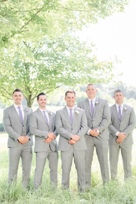 Wisteria And Grey Wedding, Gray And Lilac Wedding, Light Gray Suit Lavender Tie, Grey Tuxedo With Lavender, Lavender Wedding Party Groomsmen, Grey And Lavender Tuxedo Wedding, Grey Groomsmen Suits With Lavender, Tangled Wedding Theme Grooms, Lavender And Charcoal Grey Wedding