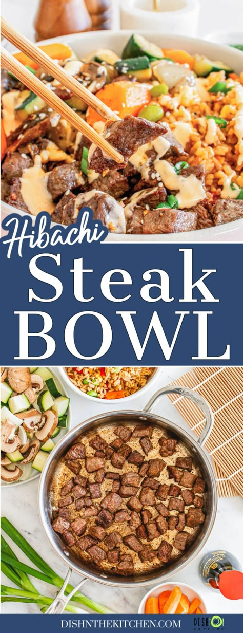 Hibachi Steak is a one pan dinner featuring juicy bites of perfectly seared steak and tender stir fried vegetables the whole family will love. Serve it alongside a portion of flavourful fried rice for an easy weeknight dinner. Steak Bites And Rice, Hibachi Steak Bowls, Steak And Rice Recipes, Hibachi Steak, Steak Stirfry Recipes, Steak Stir Fry, Round Steak Recipes, Steak And Rice, Weekend Cooking