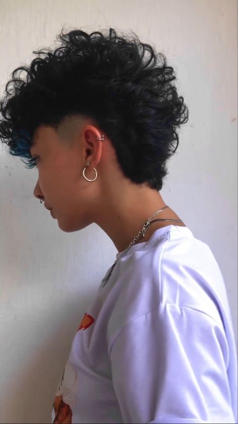 Pixie Power: Playful Hairstyles for Short and Curly Locks Punk Hairstyles For Curly Hair, Queer Mullet Curly, Curly Mohawk Mullet, Modern Mohawk For Women, Mohawk Hairstyle Women, Queer Haircut Curly, Short Curly Hair With Undercut, Short Curly Mullet Women, Curly Undercut Women