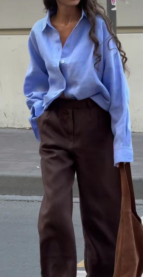 Blue And Brown Outfit Aesthetic, Brown Pants Blue Top, Blue And Brown Aesthetic Outfit, Dark Blue Oversized Shirt Outfit, Oversized Brown Shirt For Workwear, Blue Shirt Brown Pants, Blue Striped Shirt Outfit Old Money, Cold Outfit, Fashion Bella