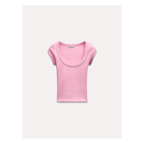 SLIM FIT - ROUND NECK - SHORT - SHORT SLEEVEFitted round neck rib shirt with short sleeves. Cute Light Pink Tops, Chilly Outfits, 2025 Wishlist, Rib Shirt, Zara Clothes, 2024 List, European Clothing, Hot Pink Shirt