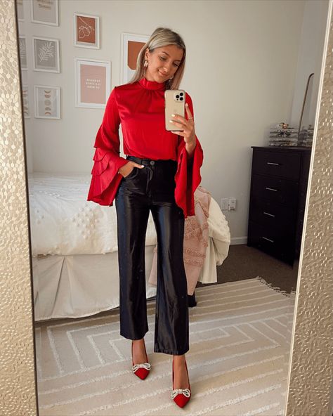 Work Party Christmas Outfit, Business Holiday Party Outfit, Work Valentines Outfit, Red Velvet Pants Outfit Holiday Parties, Festive Fitted Red Pants, Christmas Eve Outfits Church, Xmas Outfits Women Holiday Parties, Business Christmas Party Outfit, Chic Red Faux Leather Pants