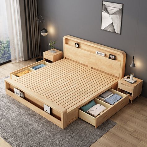 Modern Luxury Bedroom Furniture double size modern home furniture solid wood bed frame beds with storage https://m.alibaba.com/product/1600688551559/Modern-Luxury-Bedroom-Furniture-double-size.html?__sceneInfo={"cacheTime":"1800000","type":"appDetailShare"} Japanese Storage Bed, Modern Wooden Bed With Storage, Modern Luxury Bedroom Furniture, Beautiful Bed Designs, Bed Designs With Storage, Simple Bed Designs, Simple Bed Frame, Box Bed Design, Solid Wood Bed Frame