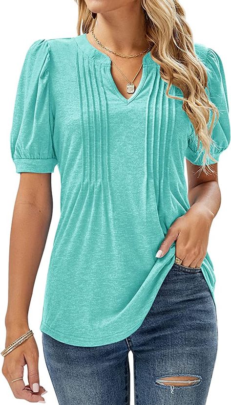 Micoson Womens V Neck Puff Short Sleeve Pleated T Shirts Fashion Summer Tops Casual Tunic Blouse Summer Tops Casual, Pleated Fashion, Vacation Shopping, Beach Gym, Basic Blouses, Pleated Tops, Jacket Cardigan, Casual Tunics, Sleeves Clothing