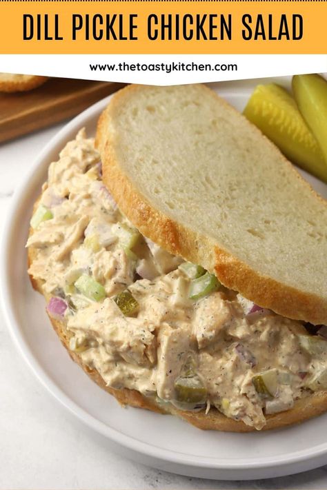 Dill pickle chicken salad recipe by The Toasty Kitchen. Dill pickle chicken salad is filled with shredded chicken and chopped dill pickles in a tangy, creamy dressing. Serve it as a sandwich, with crackers, or on a salad. #chickensalad #dillpicklechickensalad #dillpickle #coldlunch #mealprep Dill Pickle Chicken Salad, Pickle Chicken Salad, Shredded Chicken Salad, Dill Pickle Chicken, Pickle Chicken, Chicken Salad Dressing, Dill Chicken, Rotisserie Chicken Salad, Chicken Breakfast