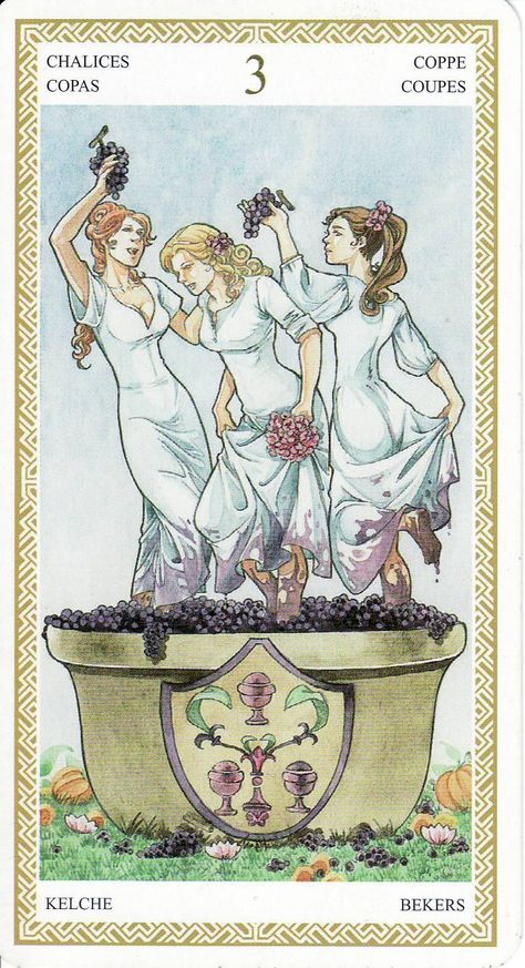 The 3 of Cups, from the Lo Scarabeo Tarot. http://lifeofhimm.wordpress.com/2014/09/29/todays-tarot-have-a-good-time/ 3 Of Cups, Tarot Cups, Three Of Cups, Candle In The Dark, Tarot Prediction, Cups Tarot, Fortune Telling Cards, Divination Cards, Tarot Astrology