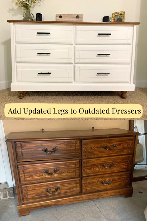 Before and after dressers, old dresser, new dresser, updated dresser, flipped dresser, furniture flip Update Wood Dresser, Add Height To Dresser Diy, How To Make An Old Dresser Look Modern, New Hardware On Dresser, Diy Redo Dresser Ideas, Old Wood Dresser Makeover, Refurbished Vanity Dresser, Diy Bedroom Dresser Ideas, Refinished Old Dresser