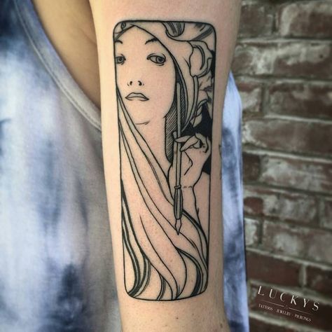 Alphonse Mucha tattoo by Patrick Macdonald #PatrickMacdonald #arttattoos #blackwork #linework #AlphonseMucha #mucha #Artnouveau #lady #portrait #pen #ink #famouspainting #tattoooftheday Mucha Sketch, Alphonse Mucha Tattoo, Mucha Tattoo, Portrait Pen, Art Nouveau Tattoo, Nouveau Tattoo, Lady Portrait, Pen Tattoo, Explore Tattoo