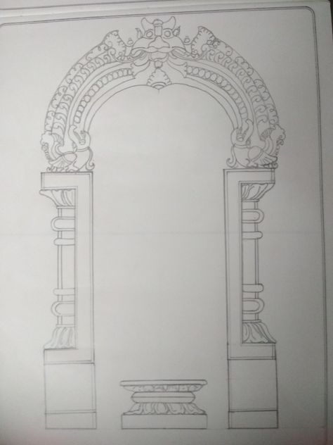 Prabhavali Design Sketch, Prabhavali Design, Mandir Drawing, Tanjore Sketches, Mysore Painting, Ancient Drawings, Gold Art Painting, Temple Design For Home, Pillar Design