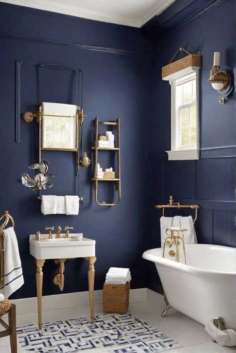 Bathroom wall paint, navy blue decor, navy blue interior, paint color guide Blue Paint For Bathroom, Wall Paint Bathroom, Navy Wall Paint, Navy Blue Bathroom Walls, White Dove Cabinets, Alder Wood Kitchen Cabinets, Navy Blue Bathroom, Blue Bathroom Walls, Windowless Bathroom