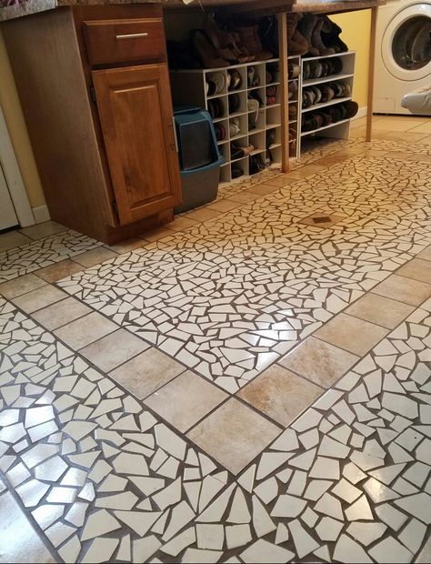 My mudroom mosaic broken tile floor- so beautiful when it's clean and doesn't have shoes all over it! Mosaic Floor Design, Mosaic Concrete Floor, Mosaic Floors, Floor Mosaic, Custom Mosaic Tile Floor, Mosaic Art Flooring, Broken Tiles Ideas, Broken Tiles Floor Design, Mosaic Floor