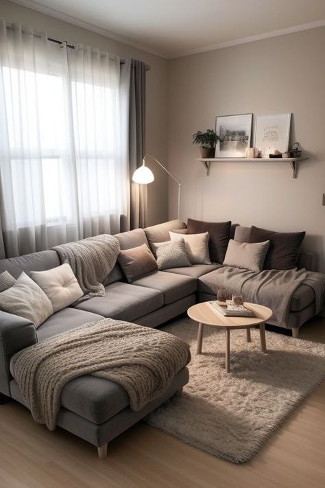 Beige Walls Living Room Grey Couch, Light Grey Couch Styling Cozy, Living Room Inspiration Neutral, Mint Green Room, Green Room Design, Grey Carpet Living Room, Stylish Living Room Ideas, Cozy Scandinavian, Modern Apartment Living Room