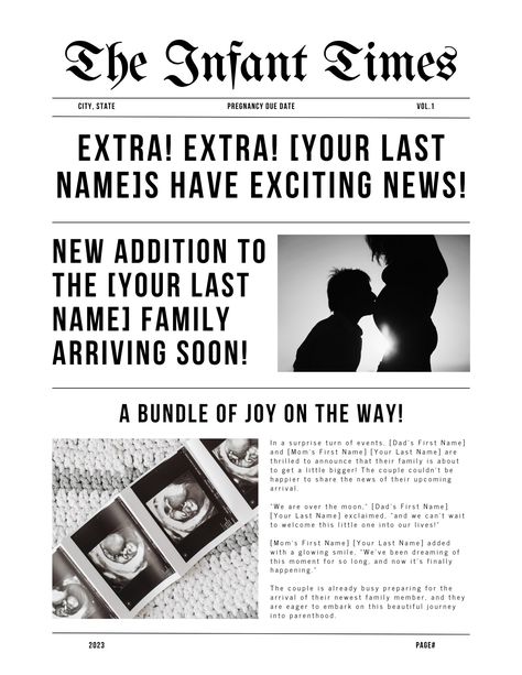 Announce Your Baby's Arrival with Our Customizable Vintage Newspaper Template - Perfect for Print, Social Media, and Keepsakes Maternity Shoot Newspaper, Newspaper Pregnancy Photoshoot, Pregnancy Newspaper Announcement, News Paper Baby Announcement, News Paper Maternity Shoot, Newspaper Baby Announcement, Newspaper Pregnancy Announcement, Unique Pregnancy Announcement Families, Journal D'inspiration