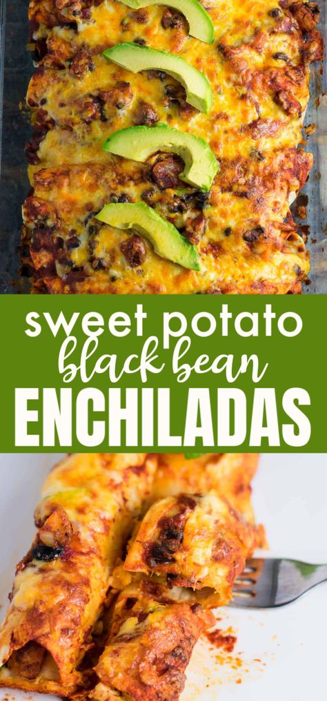 Affordable Luxe Recipes, Sweet Potato Black Bean Enchiladas, Potato Board, Veggie Entrees, Sweet Potato Black Bean, Healthy College, Black Bean Enchiladas, Latin Recipes, Bean Enchiladas