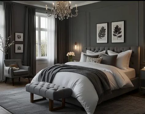 15 Stunning Gray Bedroom Ideas - NEKIG :COASTALCHARM BLOG Bedroom With Dark Grey Furniture, Dark Gray And Cream Bedroom, Dark Grey Headboard Bedroom Ideas Cozy, Guest Bedroom Gray Headboard, Master Bedrooms Dark Gray Walls, Bedroom Design Grey Walls, Dark Grey Bedroom Decor, Dark Gray Bedroom Walls, Dark Gray Bedroom Ideas