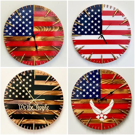 These are 4 different style american flag clocks that are for sale on etsy. They are all custom made to order and they are a great wall art piece and also functional. American Flag Clock, Wooden Clock Ideas, Diy Wooden Clock, Wood Flag Diy, Clocks Diy Crafts, American Flag Diy, American Flag Crafts, Wooden Flags, Blanket Colors