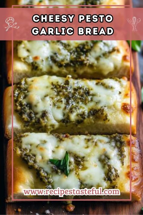 Cheesy Pesto Garlic Bread that will elevate your meals with its irresistible flavor! Baked Garlic Bread, Pesto Bread, Pesto Cheese, I Want Food, Garlic Cheese Bread, Crispy Cheese, Garlic Bread Recipe, Garlic Cheese, Baked Garlic