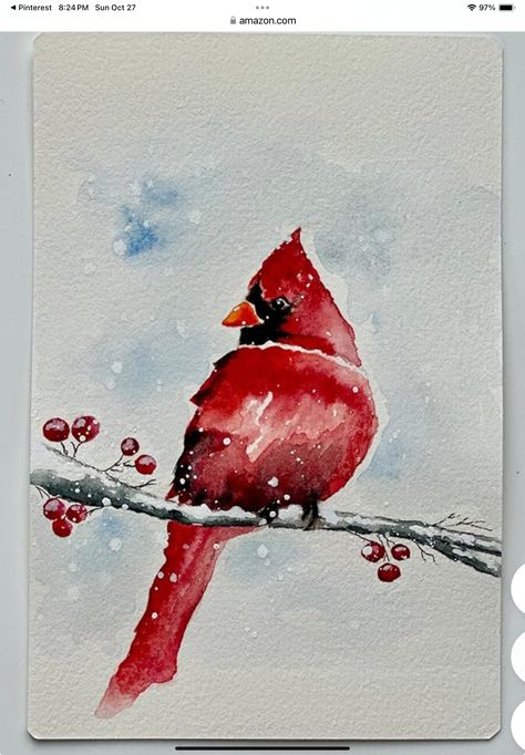 Watercolor Painting Easy, Cardinal Watercolor, Bird Watercolor Art, Watercolor Scenery, Oil Painting Inspiration, Watercolor Paintings For Beginners, Winter Watercolor, Duluth Mn, Christmas Card Art