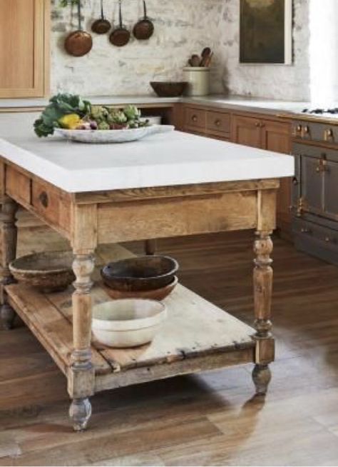 Rustic Kitchen Prep Table, English Island Kitchen, Antique Table Island Kitchen, English Cottage Kitchen Island, Antique Prep Table, English Country Kitchen Cabinets, English Country Kitchen Island, Narrow Kitchen Island With Seating Farmhouse, Wooden Table Island