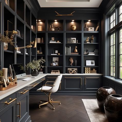 Moody Blue Library, Black Bookshelves Office, Tricorn Black Office, Black Walls Home Office, Dark Built In Cabinets, Study Built Ins With Desk, Color Drenched Office, Moody Office Design, Best Moody Paint Colors