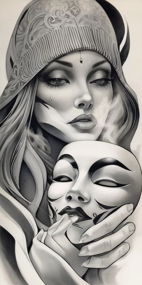 GANGSTER GIRL FACE MASK TATTOO DESIGN Chicana Tattoo Design, Face Mask Tattoo, Chicano Tattoo Design, Mask Tattoo Design, Gangster Tattoo, Female Warrior Tattoo, Cupid Tattoo, Tattoo Style Art, Tattoo Design Tattoo