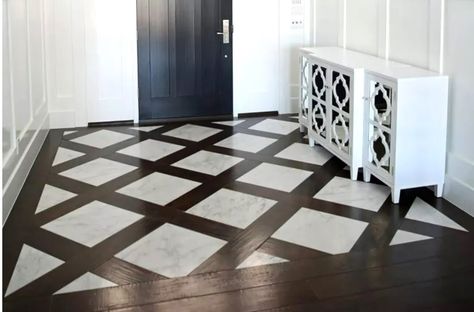 How do we feel about wood/tile combo flooring? #Wood #Tile #Floor #Combo #HomeTour #Realtor #RealEstate #Agent #Colorado Floor Tile Design Entrance, Entrance Hall Flooring Ideas, Entrance Flooring Ideas, Foyer Tile Ideas, Functional Entryway, Apartment Wishlist, Inlay Flooring, Entryway Tile, Foyer Flooring