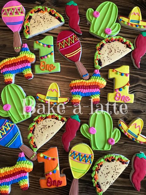 Fiesta Party Cookies, Fourth Fiesta Birthday, Fiesta Theme Cookies Birthday, Taco Bout Being One, Fiesta Cookies Decorated Birthday, Uno Birthday Party Theme Mexican Fiesta, Uno Fiesta Themed First Birthday, One Year Old Fiesta Theme Party, Mexican Bday Party Ideas