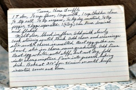 Tuna Cheese Souffle (VRP 034) | Vintage Recipe Project Cheese Souffle Recipe, Cheese Souffle Recipes, Souffle Recipe, Vintage Recipe Box, Cheese Souffle, Souffle Recipes, Best Cookbooks, Handwritten Recipes, Tuna Recipes