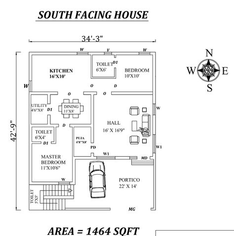 Autocad Drawing file shows 34'X42' 2bhk Awesome South facing House Plan As Per Vastu Shastra. The total buildup area of this house is 1464 sqft. The kitchen is in the northwest direction. Dining near the kitchen is in the west direction. The utility is placed near the kitchen is in the west direction. The Hall is Placed in the southeast direction. The puja room is in the west. The master bedroom is available in the southwest direction with the attached toilet is in the west. The kid's bedroom is South Facing House Plans Vastu 2bhk, South Facing House Plans Vastu, South Facing House Plan, Town House Plans, 30x50 House Plans, South Facing House, North Facing House, 30x40 House Plans, Art And Drawing