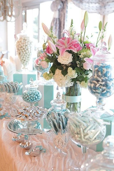 . Tiffany Theme, Tiffany Bridal Shower, Tiffany's Bridal, Tiffany Party, Tiffany Blue Wedding, Candy Bar Wedding, Candy Station, Tiffany Wedding, Spring Wedding Colors