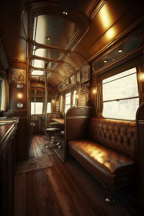 Vintage Mechanic Aesthetic, Fancy Train Interior, Steampunk Train Interior, Train Interior Aesthetic, Futuristic Train Interior, Steampunk Train Conductor, Steam Punk Interior, Old Train Interior, Vintage Train Aesthetic