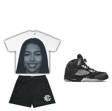 What The 5s Outfit Jordan, White Graphic Tee For Streetwear, Mariah The Scientist Shirt Outfits, Mariah The Scientist Shirt, Eric Emanuel Shorts Outfit, Eric Emanuel Shorts Outfit Women, Black Streetwear Shorts, Streetwear Graphic Print Athletic Shorts, Eric Emanuel Shorts