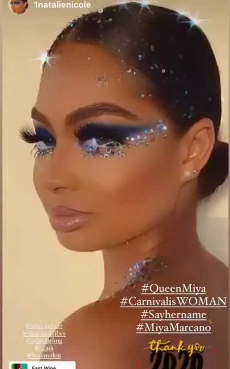 Coachella Makeup Black Women, Extra Birthday Makeup, Carribean Carnival Makeup, Oshun Goddess Makeup, Diamonds And Pearls Makeup, Rhinestone Wing Makeup, Gold Carnival Makeup, Caribbean Carnival Makeup Ideas, Mermaid Prom Makeup