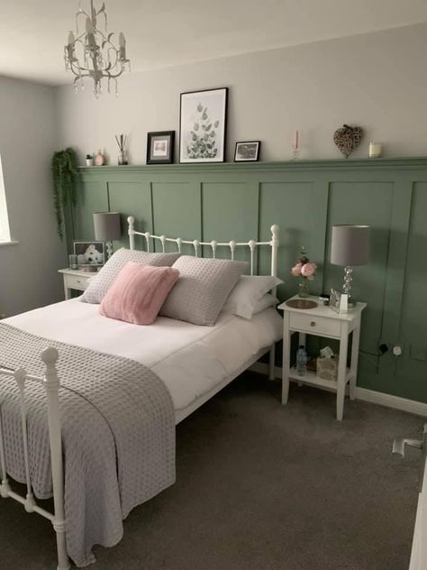 Sage Green Bedroom Board And Batten, Sage Green And Blush Bedroom Accent Wall, Sage Green Bedroom With Panelling, Green Bedroom With Panelling, Dulux Fresh Foliage, Light Green Panelling, Green Waynes Coating Bedroom, Panelled Walls Bedroom Green, Sage Green Half Wall