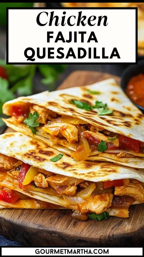 Sizzling with bold flavors, this Chicken Fajita Quesadilla is loaded with juicy, seasoned chicken, tender peppers, and melted cheese all perfectly toasted in a crispy tortilla. It’s a quick, easy, and delicious meal for any occasion. Try this delicious recipe, perfect for any occasion! #chickenfajitas #quesadillarecipe #easyrecipes #mexicanfood #quickmeals #dinnerideas #texmex #familydinner #cheesyquesadilla #weeknightmeals Ground Chicken Fajitas, Chicken Fajita Lasagna, Best Chicken Quesadilla Recipe, Chicken Quesadilla Recipes, November Dinners, Quesadilla Maker Recipes, Chicken Fajita Quesadilla, Baked Quesadillas, Chicken Fajita Quesadillas