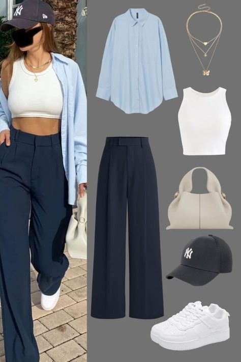 Navy Trousers Outfit Women, Vietnam Outfit Ideas, Winter Outfits Dinner, Blue Trousers Outfit, Outfit Ideas For School Fall, Sleeveless Top Outfit, White Sleeveless Crop Top, Blue Top Outfit, Blue Pants Outfit