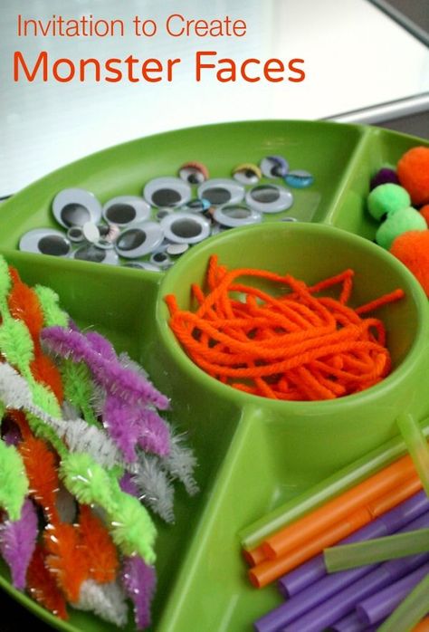 Gather loose parts and invited kids to make their own monster art faces. Creative fun for Halloween, a monster theme, or anytime! Fine Motor Play, Big Green Monster, Monster Faces, Invitation To Create, Monster Theme, Halloween Preschool, Harvest Party, Monster Face, Theme Halloween