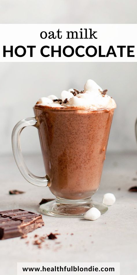 Cozy up with this rich and creamy homemade oat milk hot chocolate. Made with 5 simple ingredients and real chocolate, this hot cocoa is a must this winter. Easily made vegan too! Oat Milk Hot Chocolate, Dairy Free Tomato Soup, Creamy Oat Milk, Blondie Recipes, Dairy Free Hot Chocolate, Hot Cocoa Mix Recipe, Healthy Hot Chocolate, Vegan Chocolate Bars, Homemade Hot Cocoa