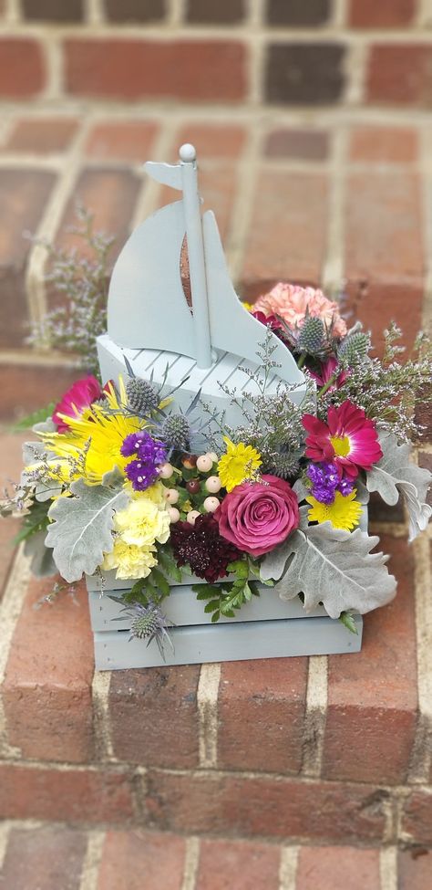 Boat Flower Arrangement, Boat With Flowers, Fishing Themed Floral Arrangements, Fishing Flower Arrangement, Baby Boy Flower Arrangements Gifts, Boat Theme, Baby Blue, Big Day, Floral Arrangements